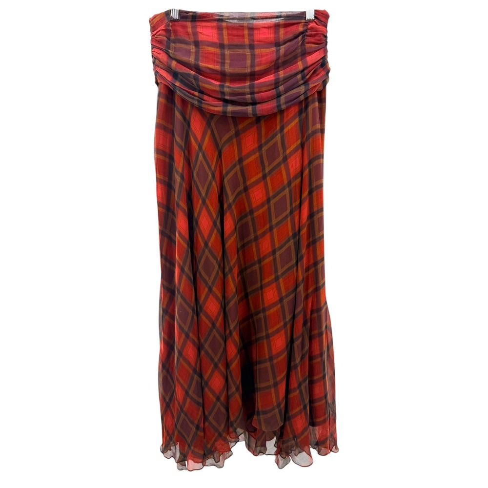 Haute Hippie Red Plaid 100% Silk Maxi Skirt Ruched Draped Waist Sz L Grunge Boho